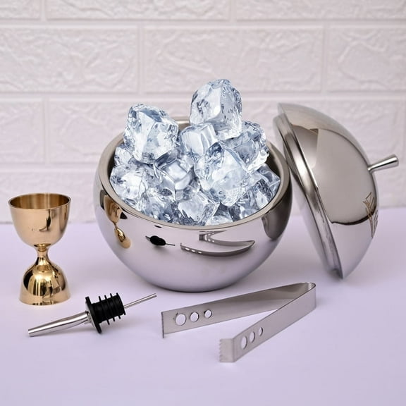 ABHAS Ball Ice Bucket Set – With Tong, Peg Measure & Wine Pourer (Steel)