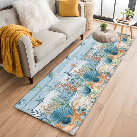 Blue Coastal 2'x6' Runner Rug, Summer Beach Starfish Shell Coral Nautical Washable Non-Slip Area Rugs for Hallway Kitchen Floor Bedroom Entryway, StainResistant Laundry Carpet Decoration Indoor Mat