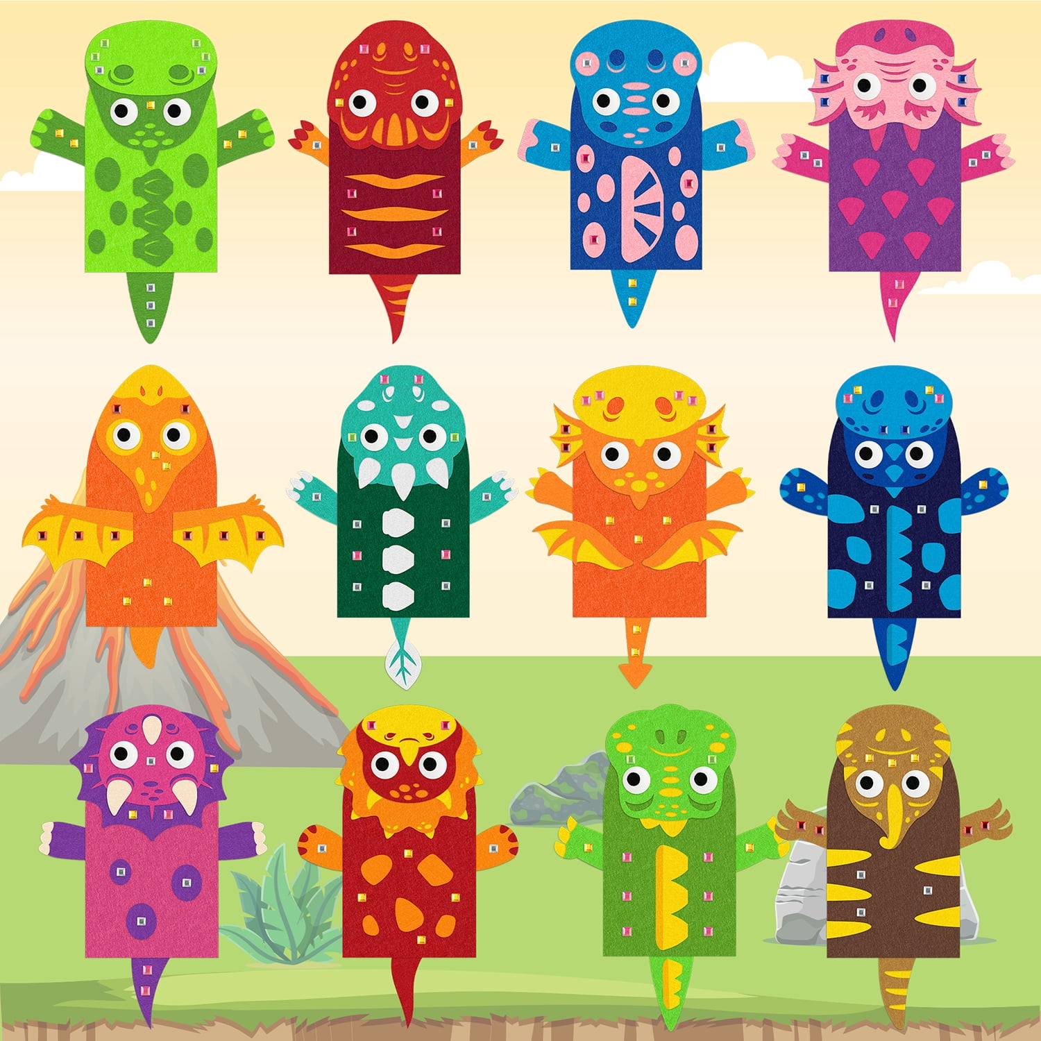 Belanttega 12Pcs Dinosaurs Puppet Making Kit Googly Eyes Rhinestone Stickers DIY Dino Animals Hand Puppet Material School Classroom Activities Supplies Family Interactive Kit