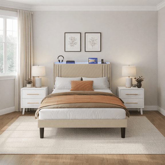 3-Piece Queen Bedroom Set: Upholstered Platform Bed with Charging Station & LED Lights 2 White Nightstands with 2 Drawers – Modern Wingback Bed Frame, No Box Spring Needed, Beige