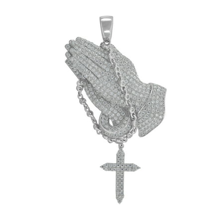 Dangling Cross Pendant - 925 Sterling Silver Mens Round CZ Praying Hand Dangling Cross Cluster Fashion Charm Pendant
