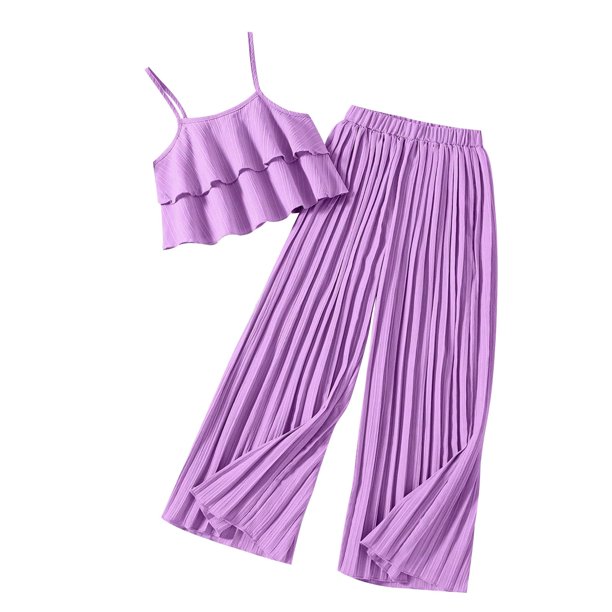 Odeerbi 6-13 Años Niñas Conjuntos de Verano Camisola de Volantes de Gasa Tops Plisados Pantalones de Pata Ancha Conjunto de Dos Piezas Cintura Elástica Pantalones Conjunto