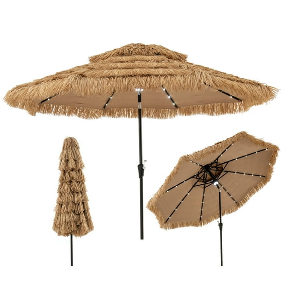 Gymax 10 FT Hula Thatched Tiki Umbrella 2-Tier Hawaiian Style Solar Patio Umbrella