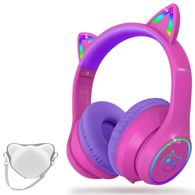 Auriculares LOBKIN Bluetooth 5.4 para niños con funda LED RGB con orejas de gato