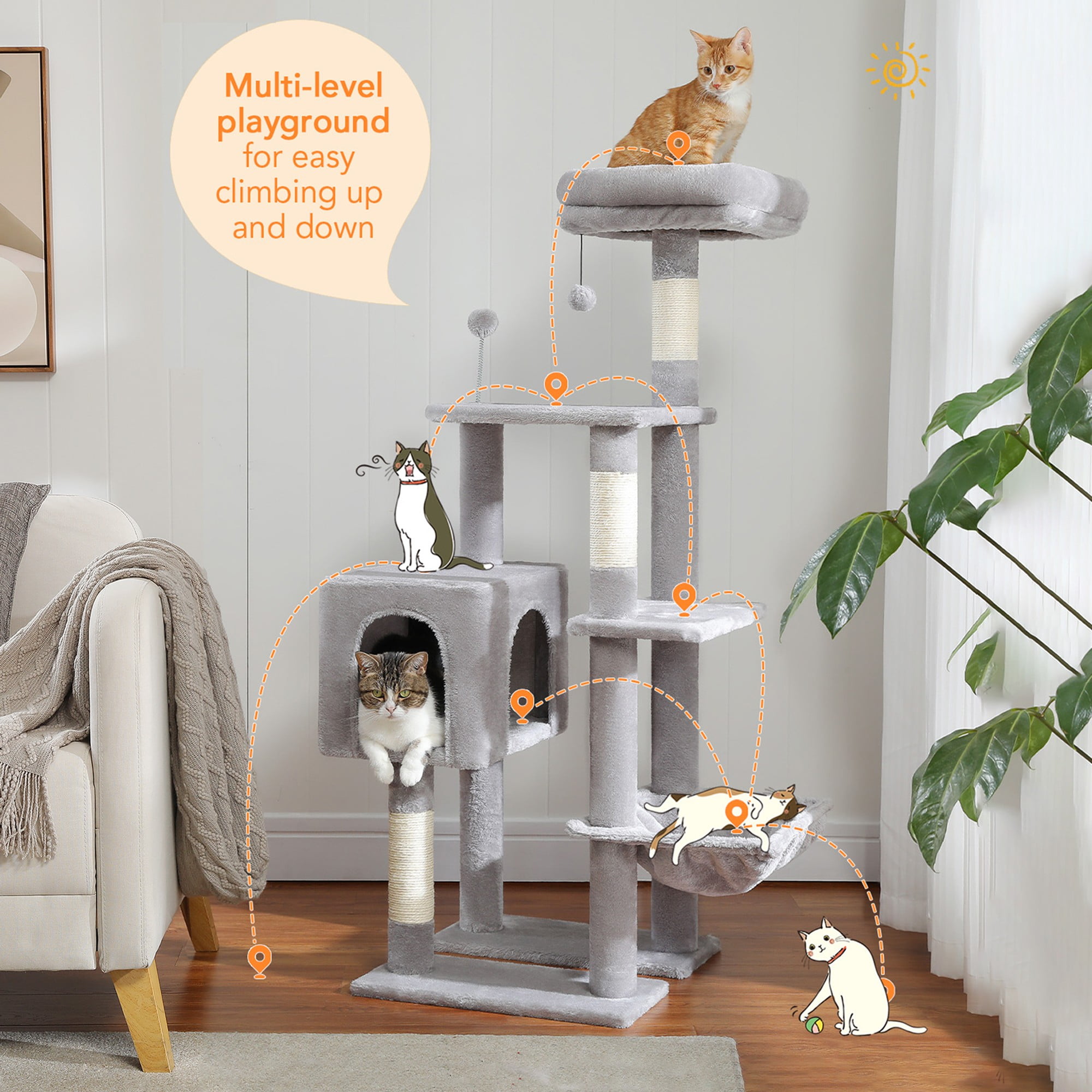resenkos 50" Multi-Level Cat Tree Tower with Hammock, 2 Perches, Scratching Posts, Cat Condo for Indoor Cats Kittens Tree House, Gray