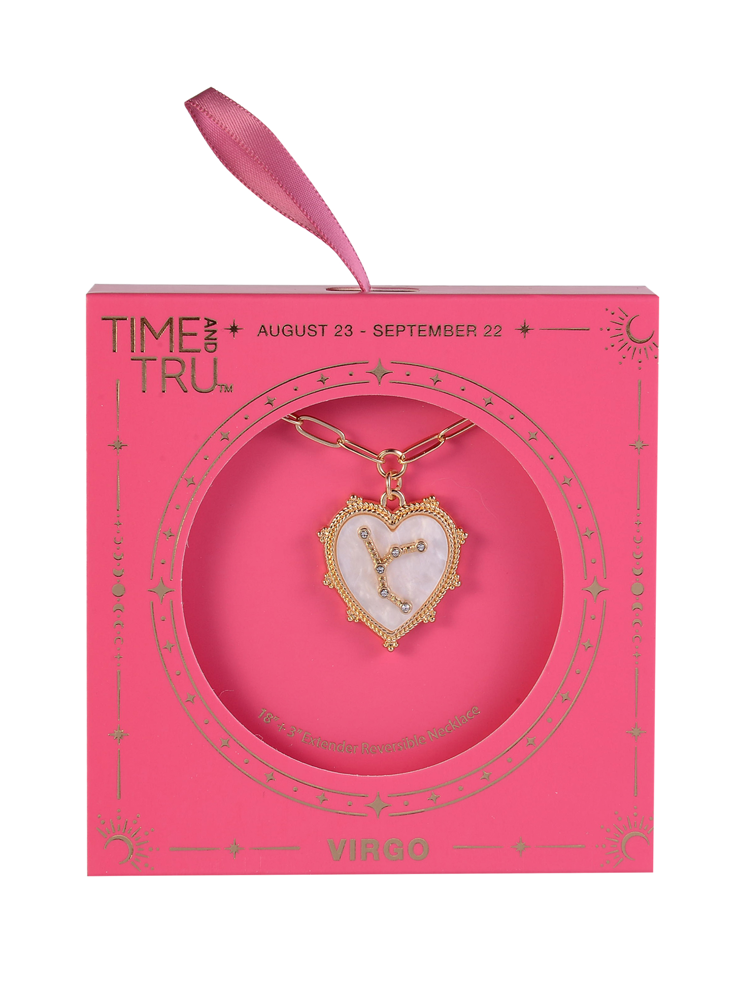 Time and Tru Women's Oval Link Chain Heart with Stone and Inset Constellation "Virgo" Goldtone Reversible Necklace