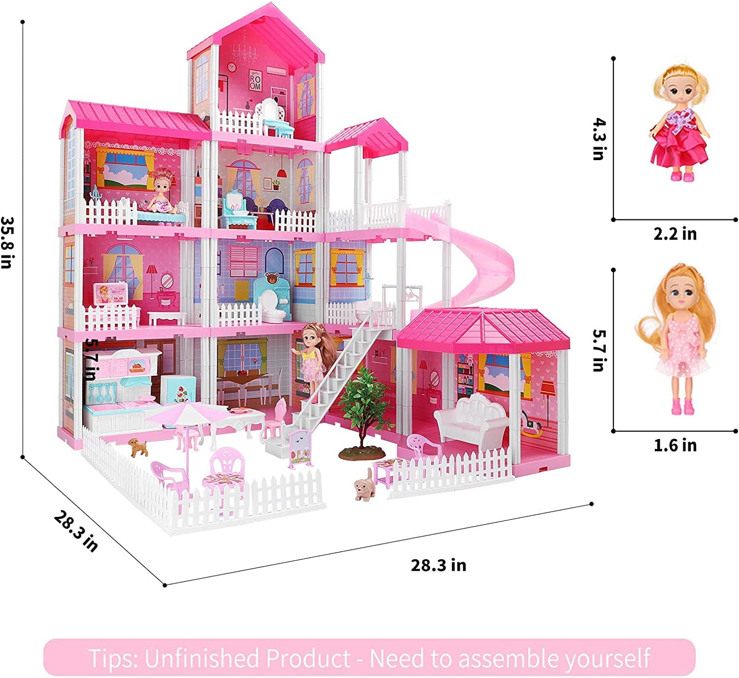 Hot Bee Dollhouse for Girls,4-Story 12 Rooms Playhouse with 2 Dolls Toy  Figures,Pretend Dreamhouse with Accessories,Gift Toy for Kids Ages 3 4 5 6