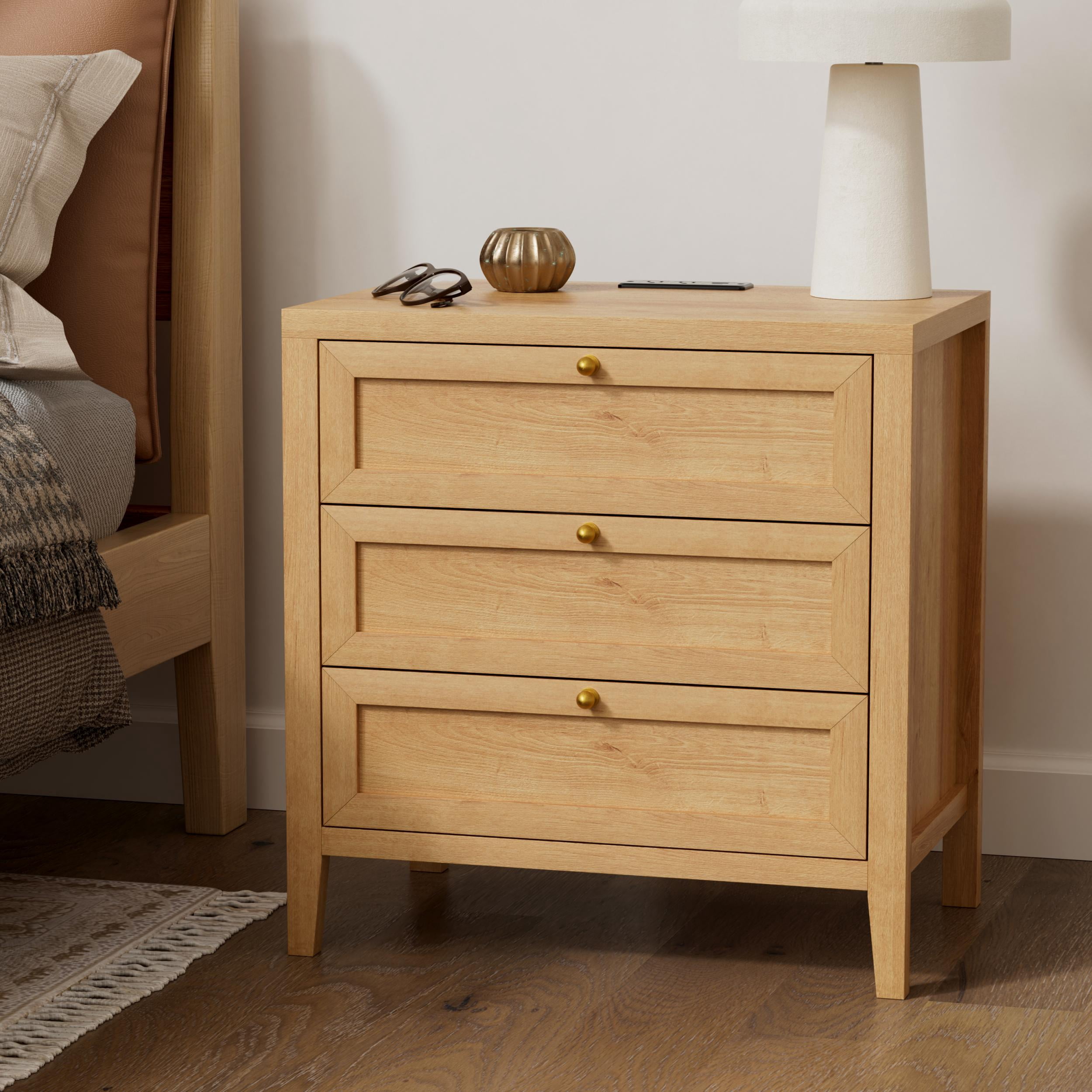 EYYTHUNG Large Nightstand Set of 2 with 3 Drawers, Farmhouse Bedside End Table with Charging Station, Modern Wood Night Stand, Natural Oak