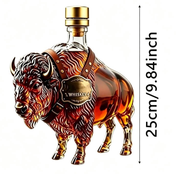 2026 New 3D Rustic Bison Glass Decanter, 10.1oz Liquor Bottle with Leak Proof Cap & Gift Box, Great for Bourbon Home Bar Parties
