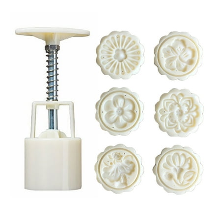 

QUSENLON 50g Mooncake Barrel Mold with 6pcs Flower Stamps Hand Press Moon Cake Pastry DIY