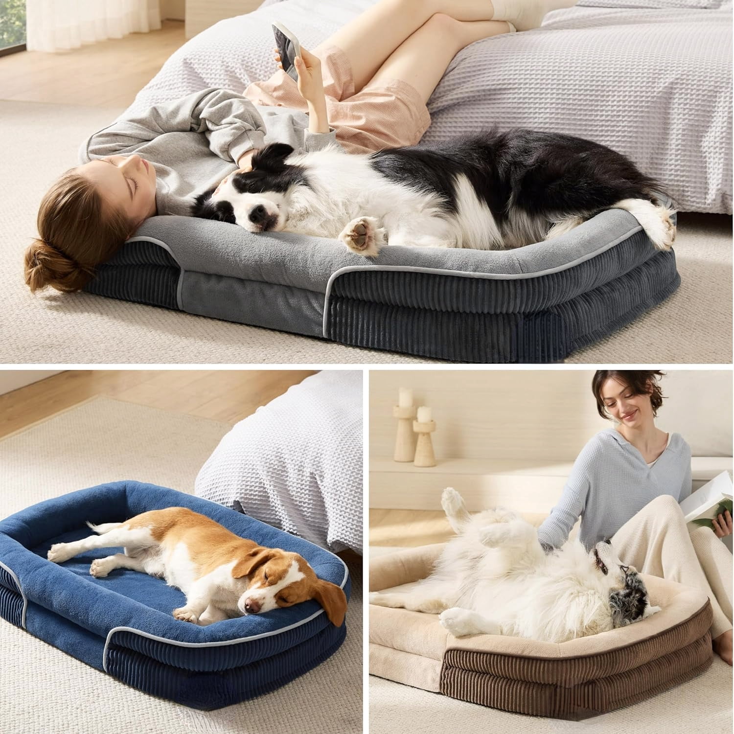 Large Orthopedic Dog Bed Grey 35 Inch 360 Degree Oval Bolster Pet Sofa