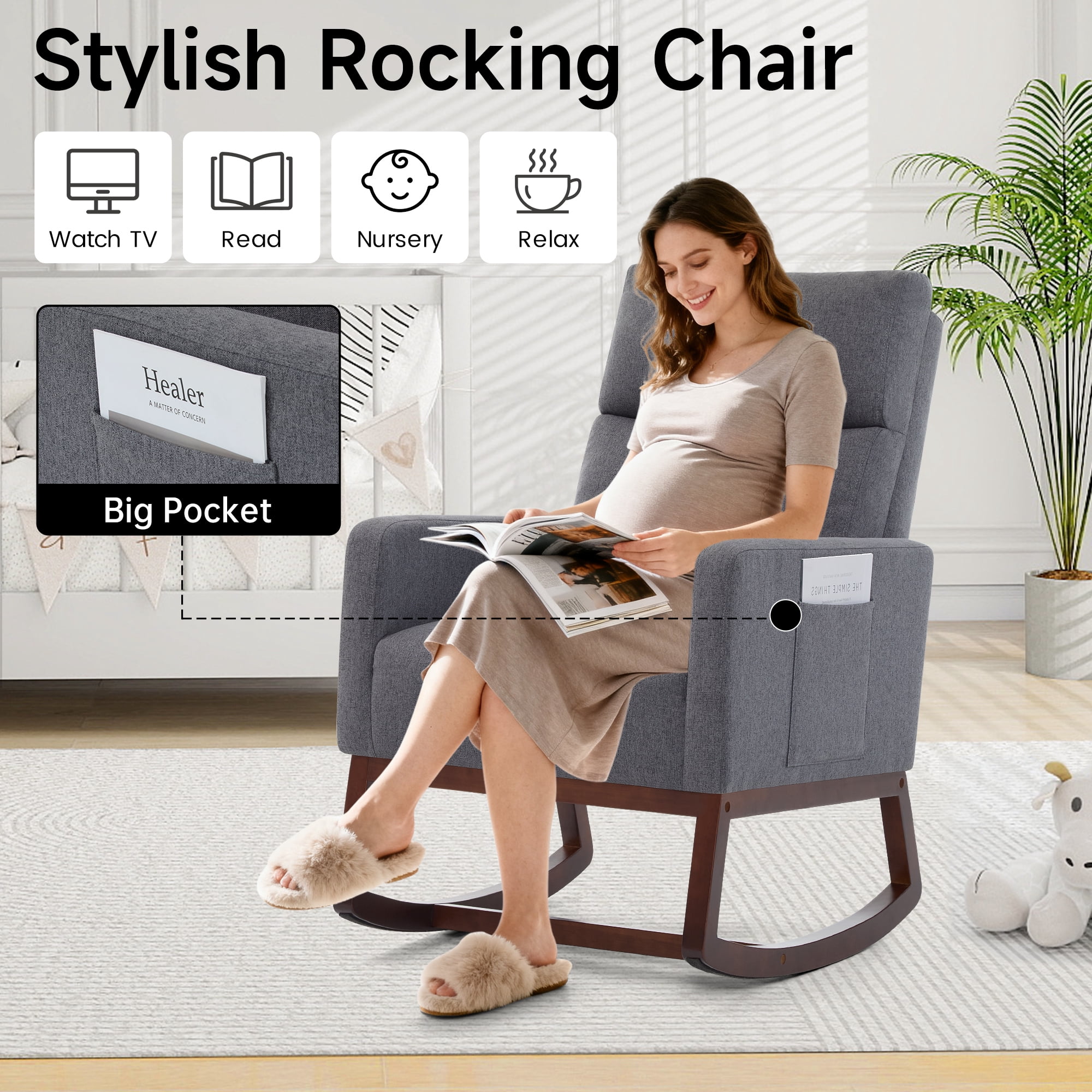 AUNEKIV Rocking Chair Nursery, Upholstered Accent Rockers, Nursing Glider Chairs for Bedroom, Grey