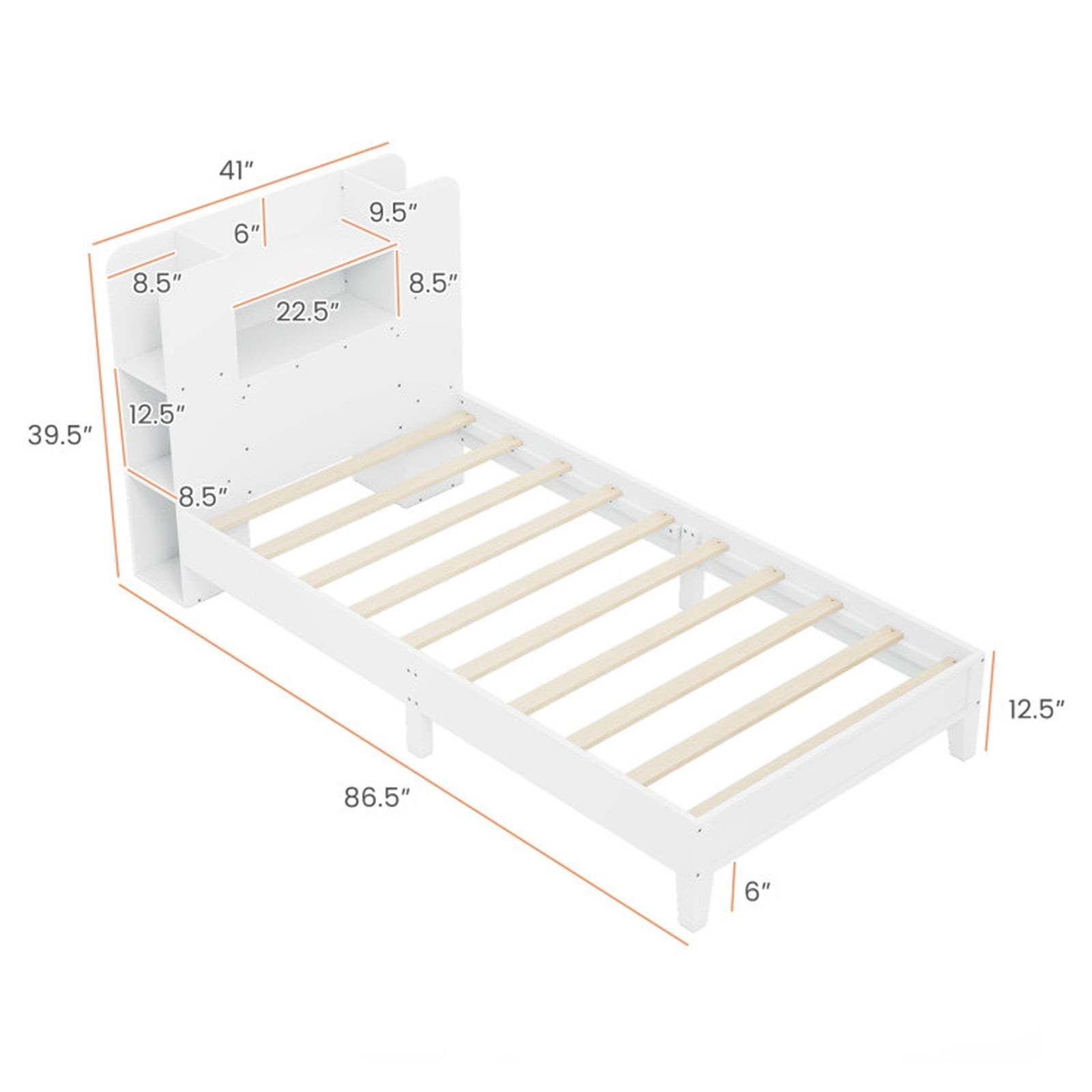 Furnibear Twin Platform Bed Frame with Built in Bookcase Headboard 2 Tier Shelf 6 Open Compartments Solid Wood Slats and No Box Spring Needed, White