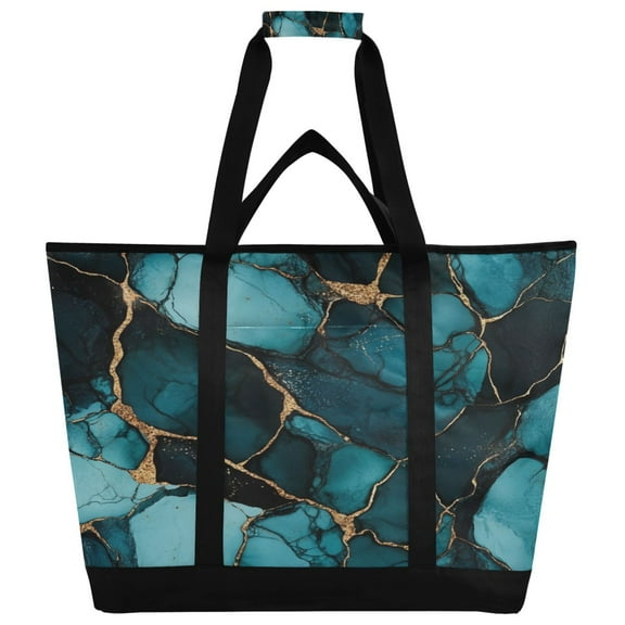 WOBOGO Dark Green Gild Marble Tote Cooler Bag Fold Flat Insulated Shopping Bag With Zipper For Work Picnic Beach Use 18×6.7×24in