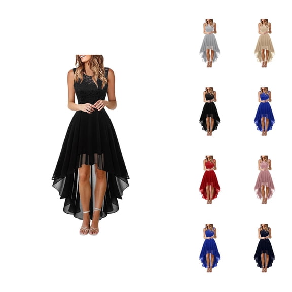 Wedding Guest Dress for Women Sleeveless Crewneck Lace Contrast Chiffon High Low A Line Ruffle Flowy Maxi Dress Evening Gown