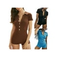 thumbnail image 6 of Yuemengxuan Women Solid Color One-piece Sleepwear, Short Sleeve Lapel Neck Button-up Romper, 6 of 7