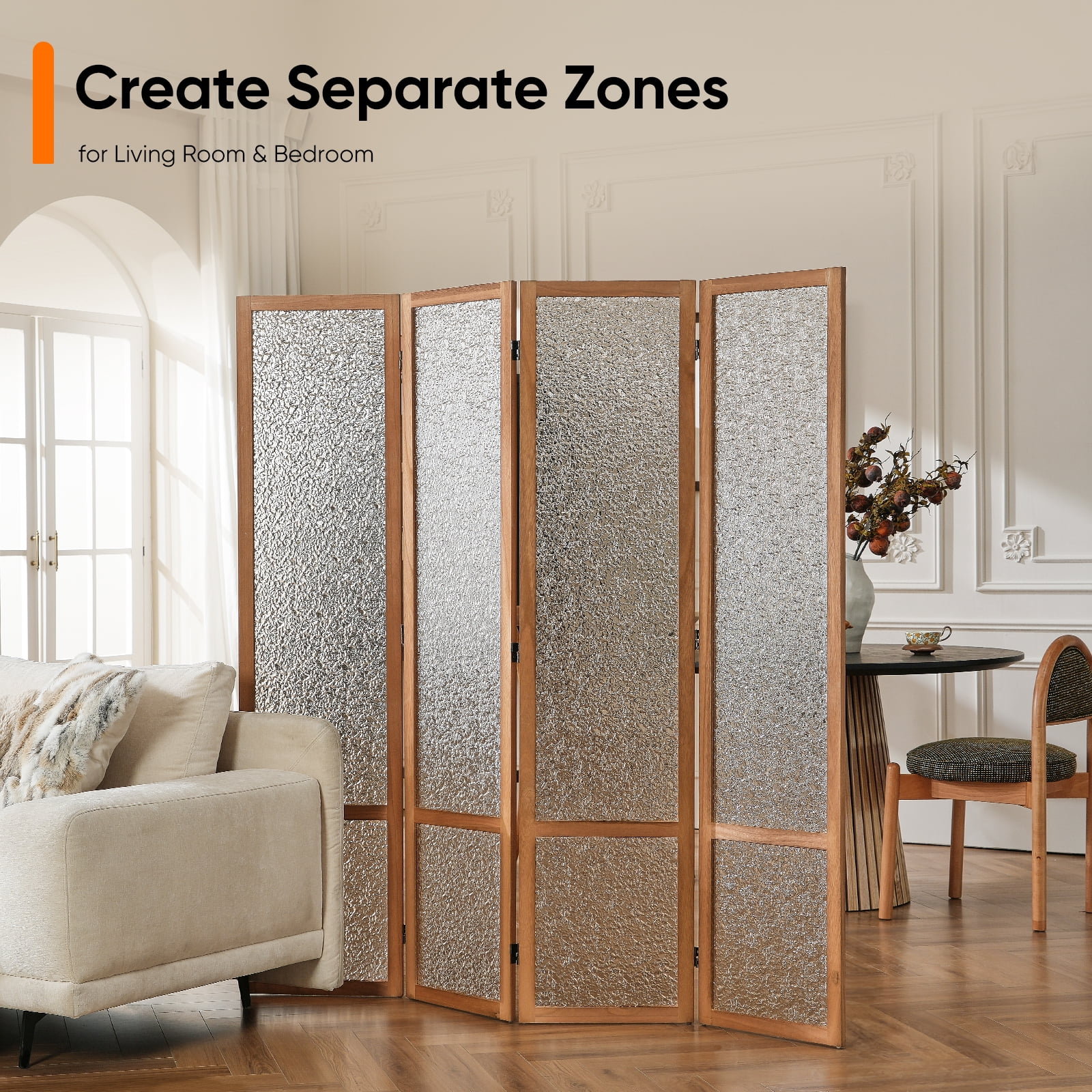 Jostyle 4 Panel Acrylic Room Divider Privacy Screen Translucent Folding Partition with Paulownia Wood Frame Natural, Shatterproof & Space-Saving for Living Room, Bedroom, Office