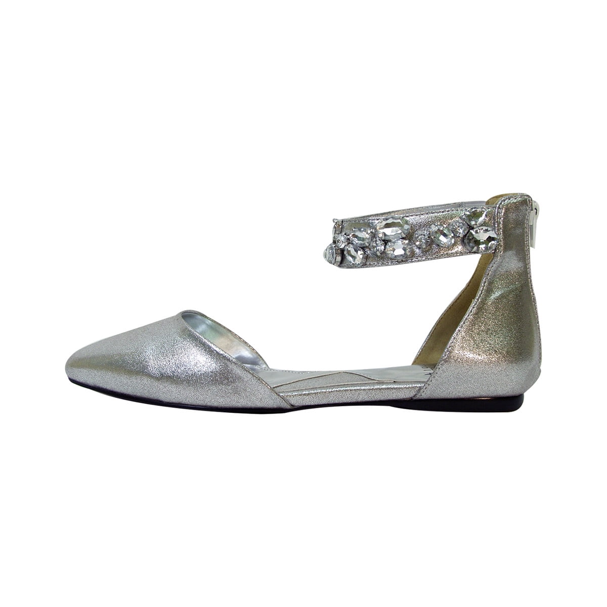 FUZZY Jill Women Wide Width Open Shank Decorative Crystal Elastic Ankle Strap Flats SILVER 5