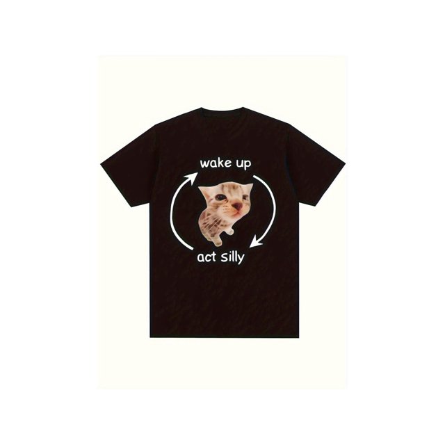 Men'S Fun Cat Pattern T-Shirt- Comfortable Cotton Loose Short Sleeve Top, Printed with 'Wake up Funny' Meme, a Humorous Gift for Cat Lovers, Cat-Themed Clothing