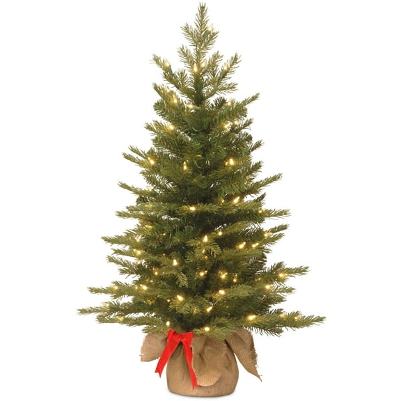 National Tree Company Pre-Lit Feel Real Artificial Mini Christmas Tree, Green, Nordic Spruce, Warm White Lights, LED, Battery Operated, Timer, Includes Burlap Bag Base, 3 Feet