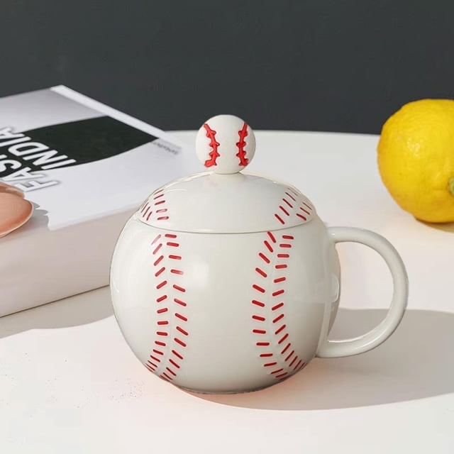 Taza de café de cerámica con diseño deportivo de béisbol, taza de con tapa y cuchara, 400 ml, pintada a mano, de té para vacaciones, café y Rojo