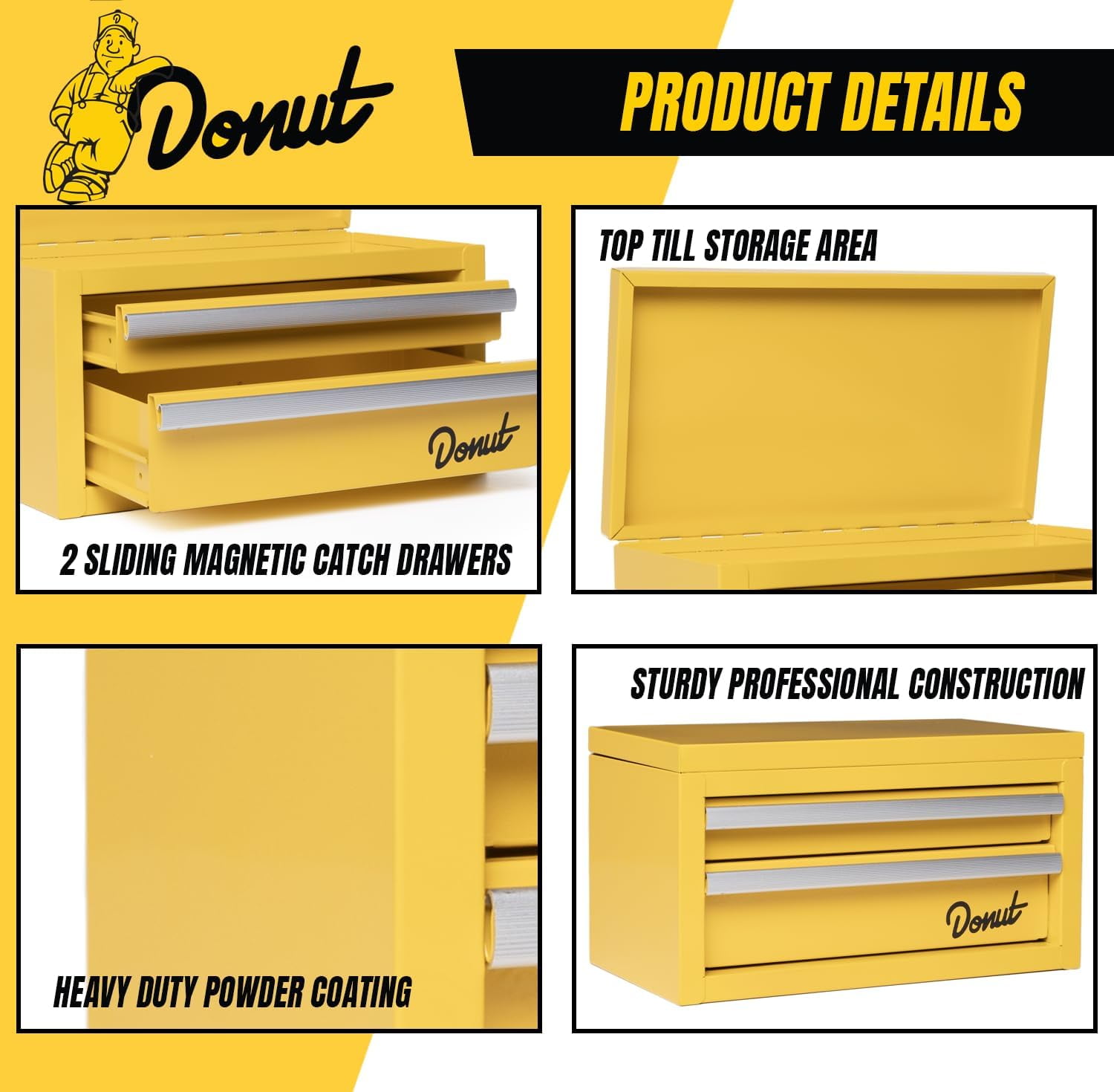 Donut Media Mini Portable Tool Box, 2 Sliding Magnetic Catch Drawers, Top Storage Area, 11" x 6" x 6"