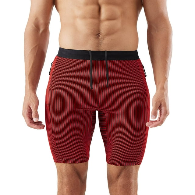 hotojiny Men's Stripe Compression Workout Shorts Fashion Breathable Drawstring Tight Gym Athletic Shorts with Pockets