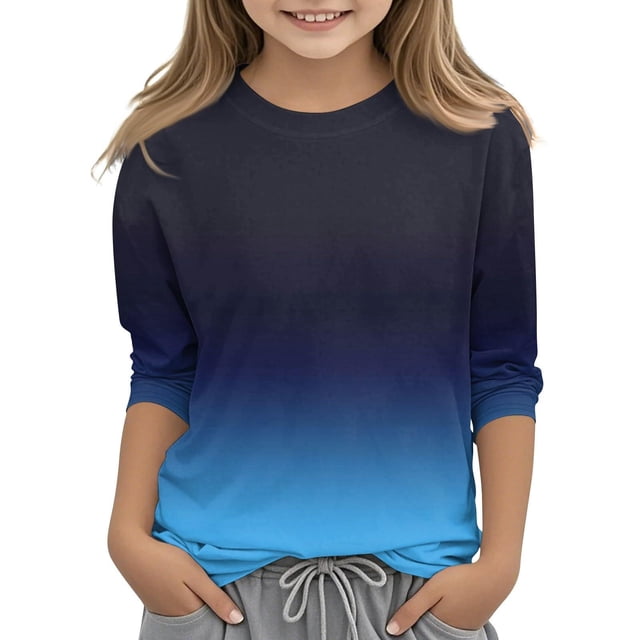 MKOSPLRT Hauts à Manches 3/4 pour Filles Col Rond T-Shirts Décontractés Tuniques Dégradées Mode T-Shirts Doux pour Sortir Blouses Confortables en Liquidation