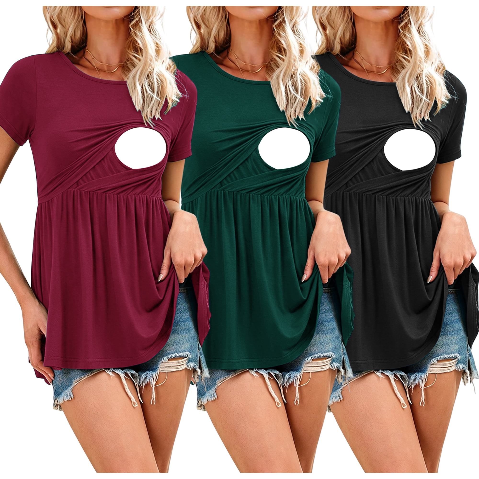 Women's Maternity Clothes Short Sleeve Nursing Tops Breastfeeding Shirts 3-Pack