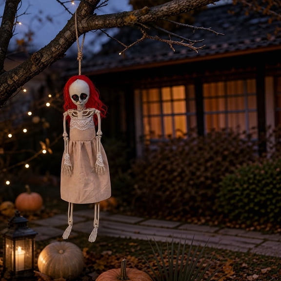 Halloween Red Hair Pink Dress Skeleton Hanging Ornament, Female Skeleton Decoration for Tree, Door, Wall, Window, Porch, Vintage House and Spooky Party​