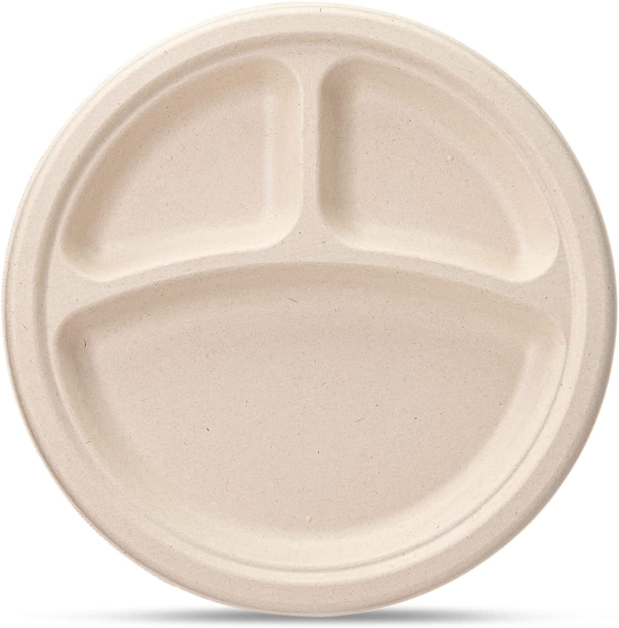 GUSTO 9 Inch 100% Compostable 3-Compartment Paper Plates, Eco-Friendly Heavy Duty Disposable Dinnerware, 125 Count