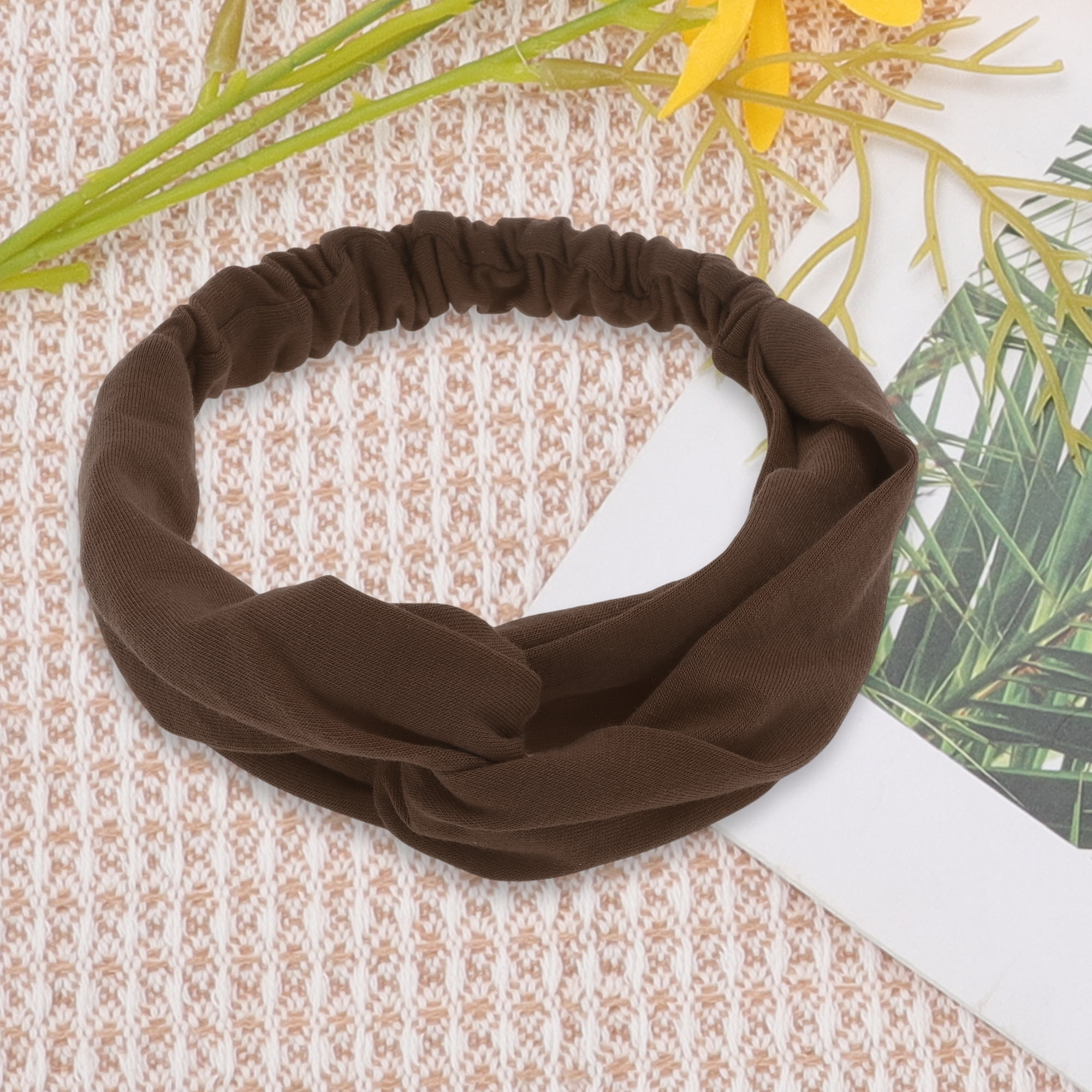 Unique Bargains Stylish Simple Solid Elastic Cross Headwrap Dark Coffee Color