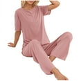 thumbnail image 4 of Enjoytime Lounge Sets for Women Solid Color Crewneck Short Sleeve Tops Pants 2 Piece Sets Spring Summer Thin Soft Pajamas Casual Travel Outfits, 4 of 5
