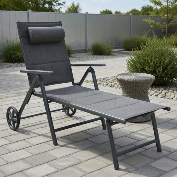 GVN Chaise Lounge Outdoor, Lounge Chair Outdoor,Patio Reclining Chaise Lounge with Adjust Neck Pillow-Gray