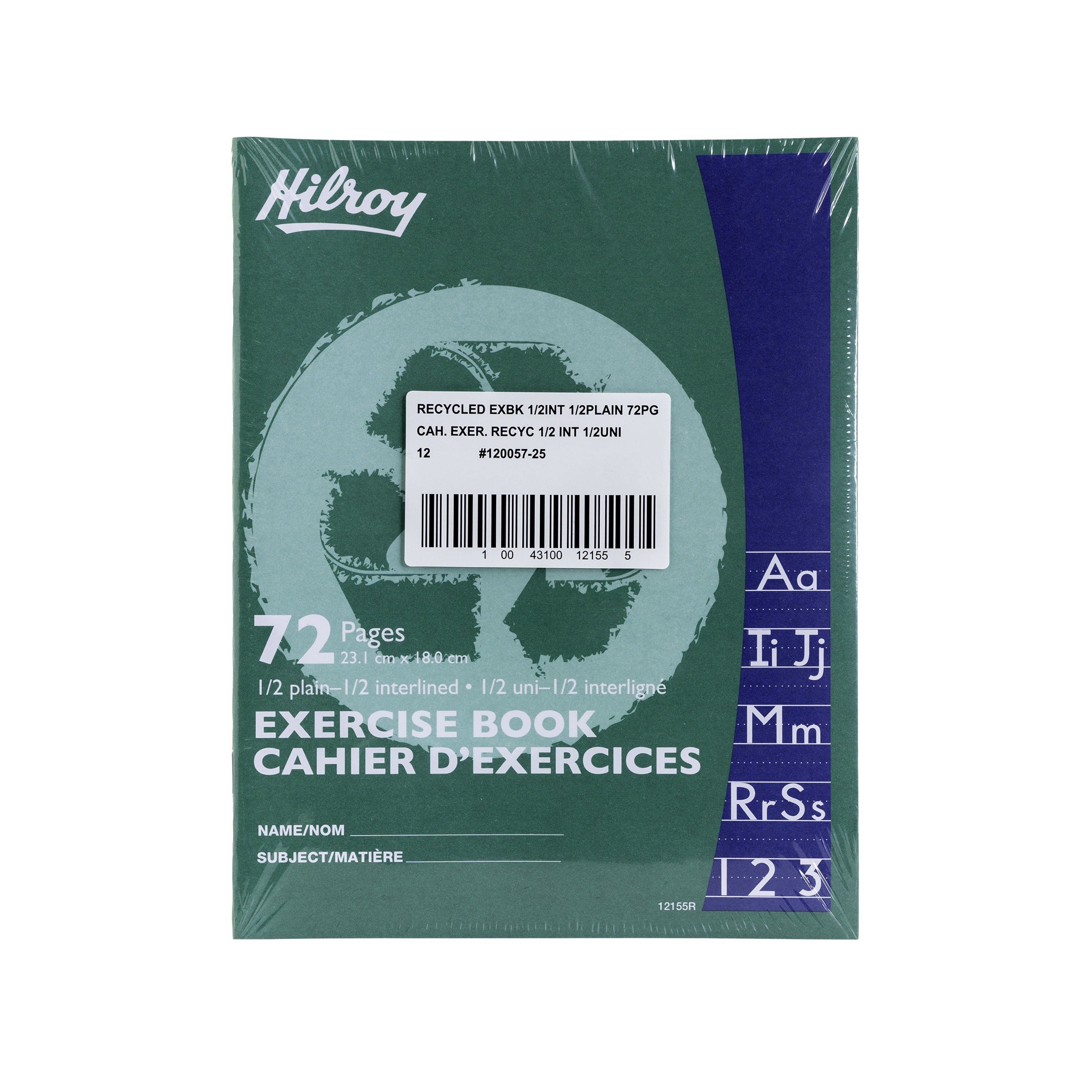 Hilroy Recycled Exercise Books, 72 Pages, 1/2 interlined and 1/2 Plain, 9-1/8 X 7-1/8, 72 Pages