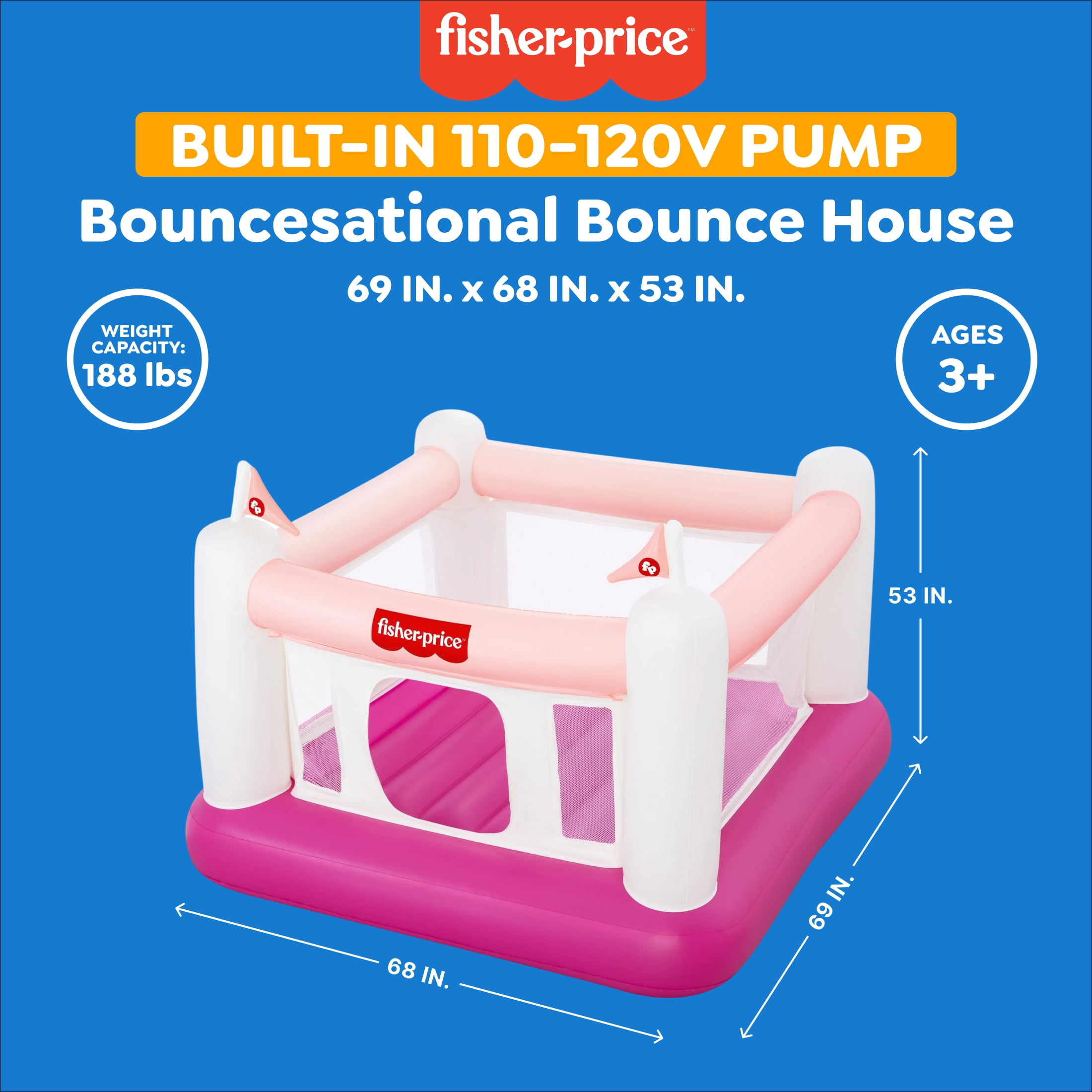 Fisher-Price Pink Bouncesational Indoor Inflatable Bouncer with Built-In Pump