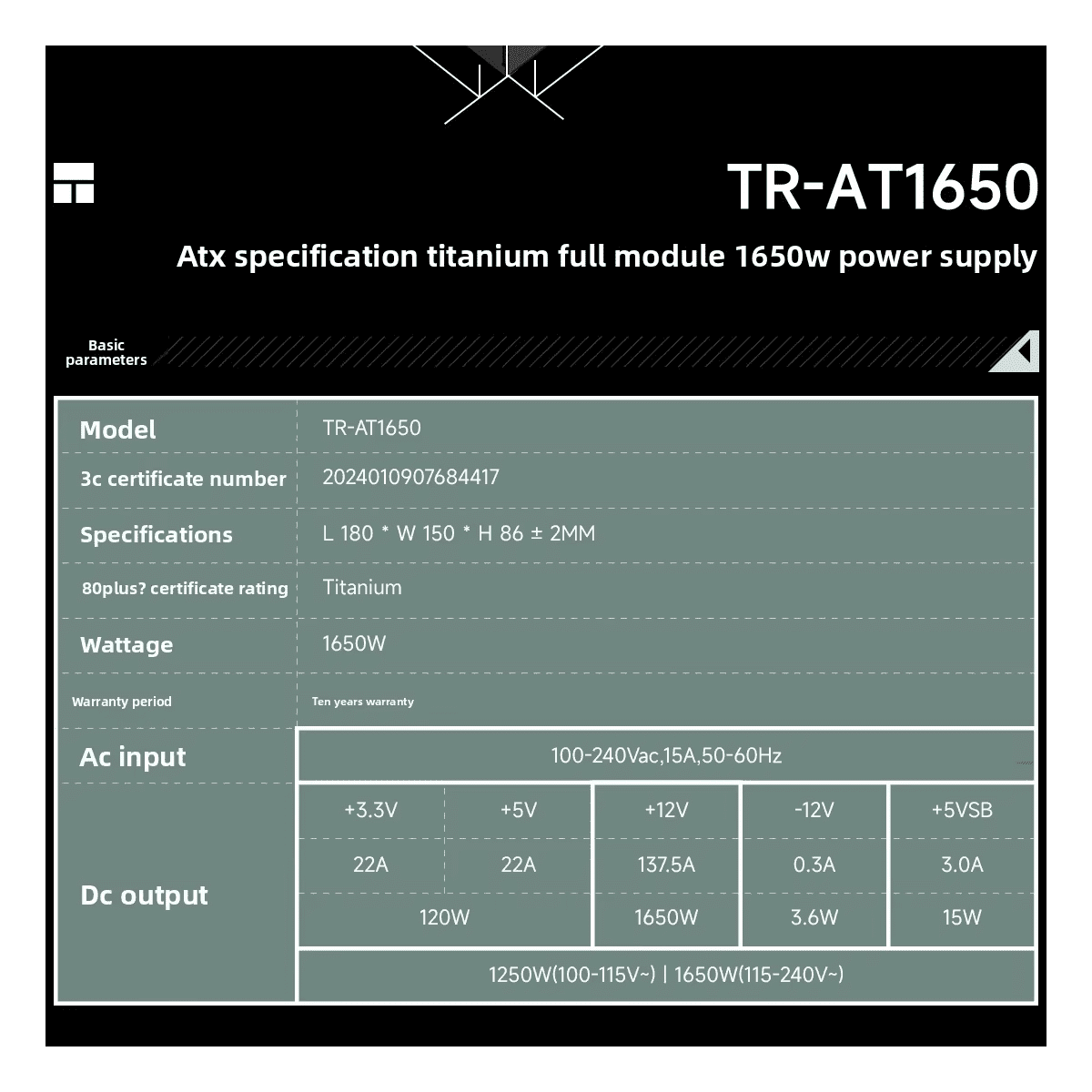 Thermalright Power Titanium Gold 1650W Tr-At1650 Atx3.1 Full Modular Desktop Computer Power Supply