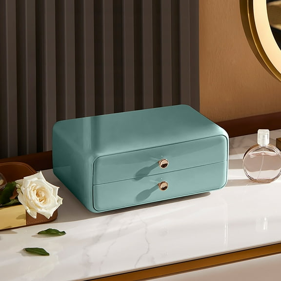 White & Green Plastic Desk Storage Box with Drawer, 10x7x4.5 Inch Organizer for Office, Bathroom Counter, Dresser & Home Sundries Storage