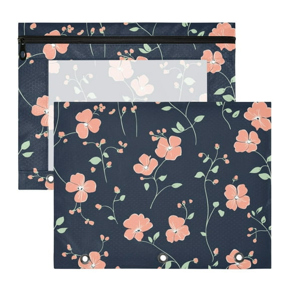 Elegant Small Flowers with Leaves 3-Ring Binder Pouches A4 Size Zipper Pocket File Storage 2 Packs