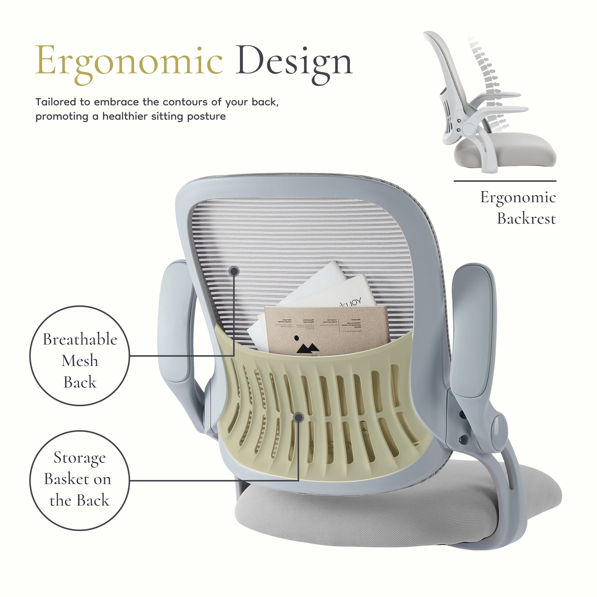 JOINSUN Office Chair with Adjustable and Flip-up Armrest, Ergonomic Mesh Desk Chair with Lumbar Support, Grey