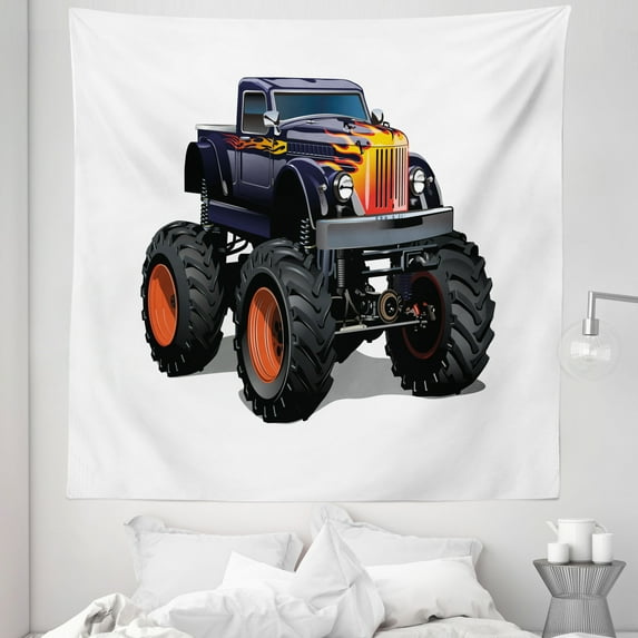 Truck Tapestry, Patterned Hood Cool Monster Truck with Giant Wheels 's Cartoon Pickup, Fabric Wall Hanging Decor for Bedroom Living Room Dorm, 5 Sizes, Multicolor, by Ambesonne