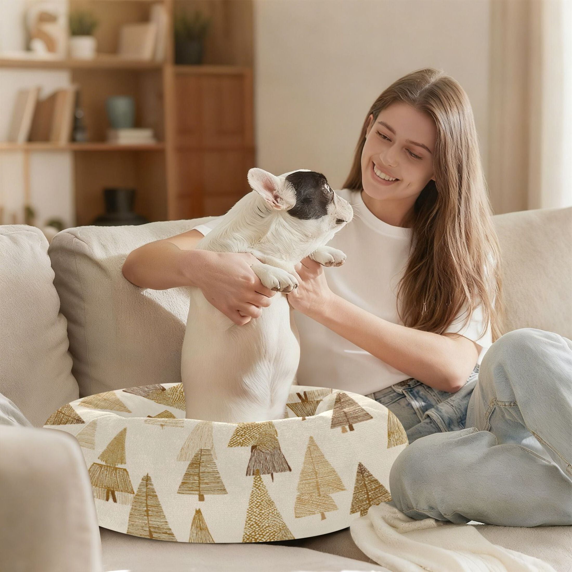 Iauyy Pet Couch Donut Cat Bed for Indoor Cats/Small Dogs Washable & Machine with Non-slip Bottom Calming Cat Furniture, Beige and Gold (M)