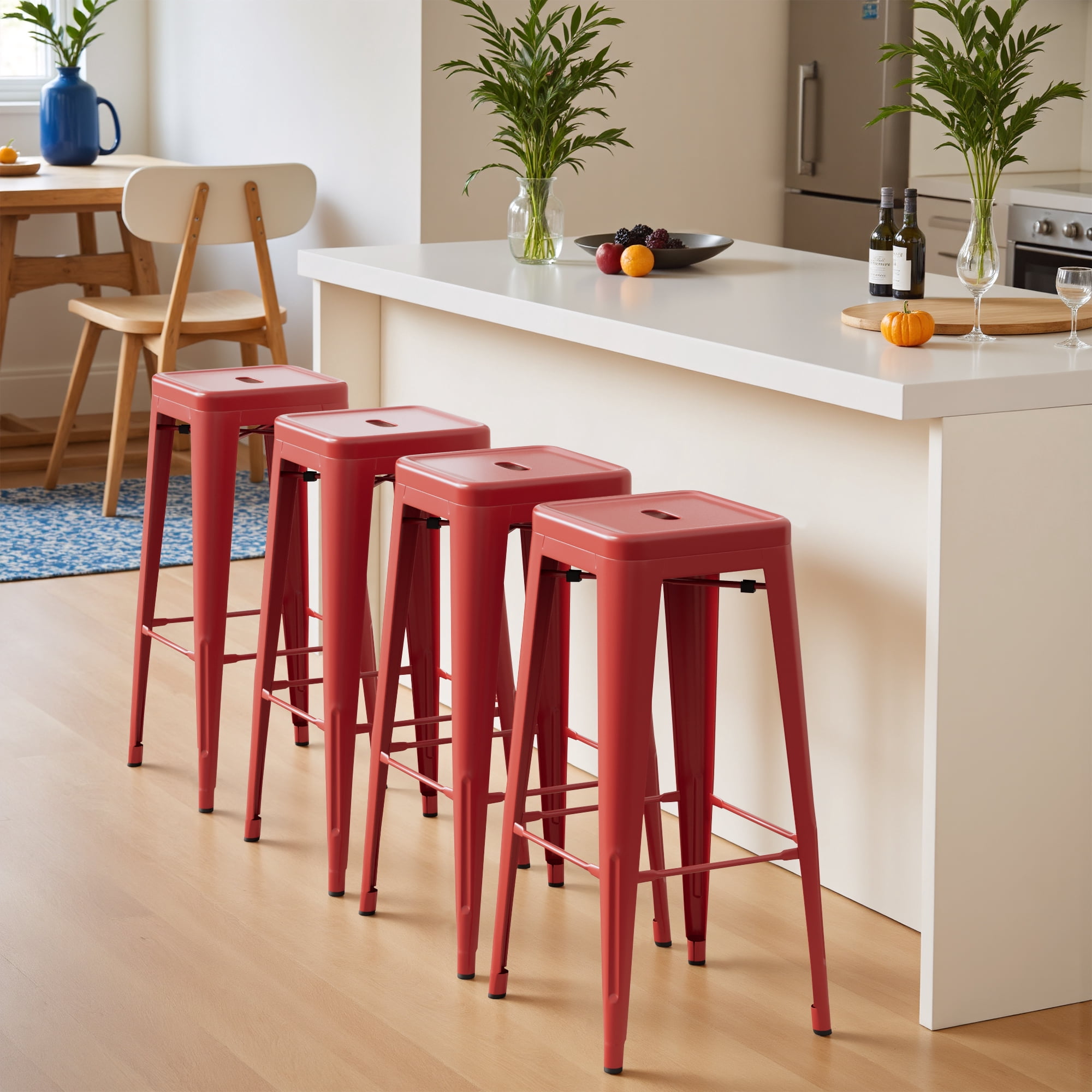 VINEEGO 30 inches Metal Bar Stools High Backless Stackable Stools Indoor-Outdoor Counter Stools Set of 4 (Red)