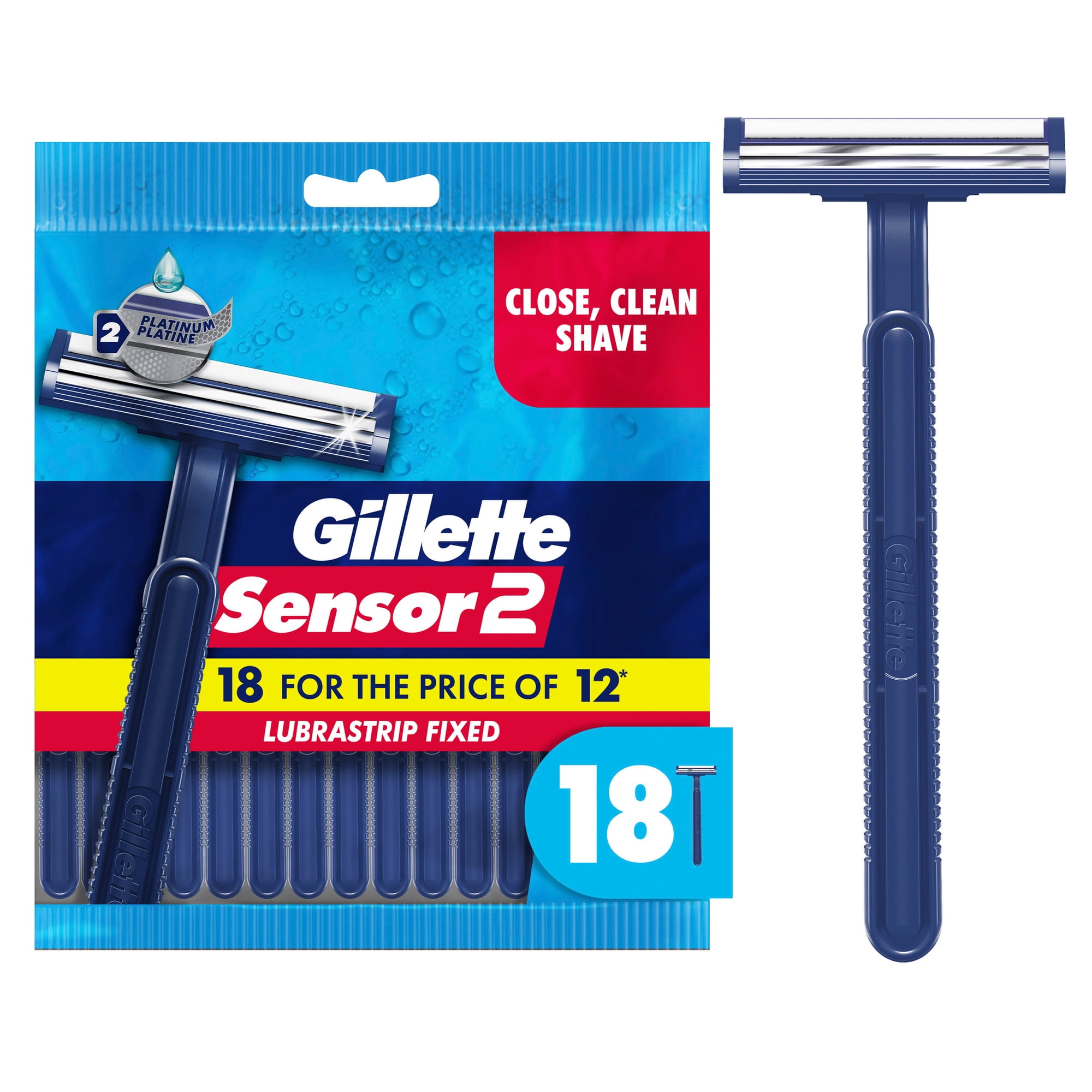 Gillette Sensor2, Fixed Men's Disposable Shaving Razors with Lubrastrip, 18 Count
