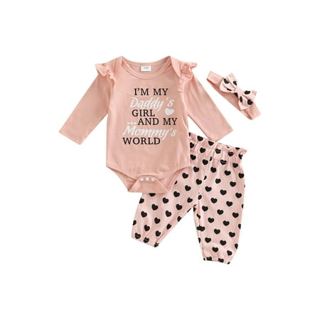 

Cenuakty Baby Girls Pants Set Long Sleeve Letters Print Romper with Heart Print Pants and Bowknot Headband