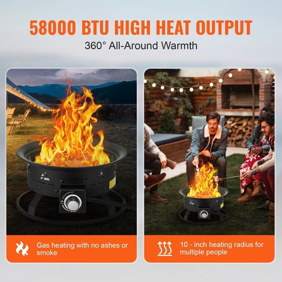 Propane Fire Pit,19-"Diameter Outdoor Portable Gas Fire Pit with Cover&Lava Rocks,Adjustable Flame Height Camping Firepit for Heating,Lighting,Gathering,58,000 BTU,Black