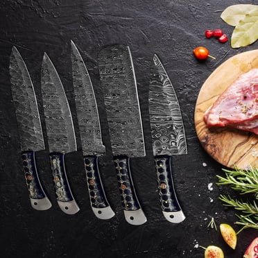 Damascus Kitchen Knives Set of 5 with Resin Blue Handles Kitchen Knife Set