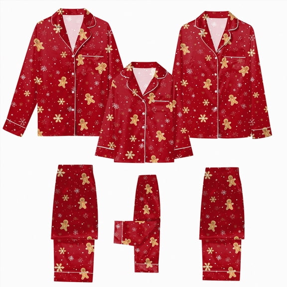 Kakishop Christmas Pajamas for Family Satin Silk Gingerbread Print Long Sleeve Button Tops Pants Holiday PJs Family Christmas Pajamas Matching Sets Red