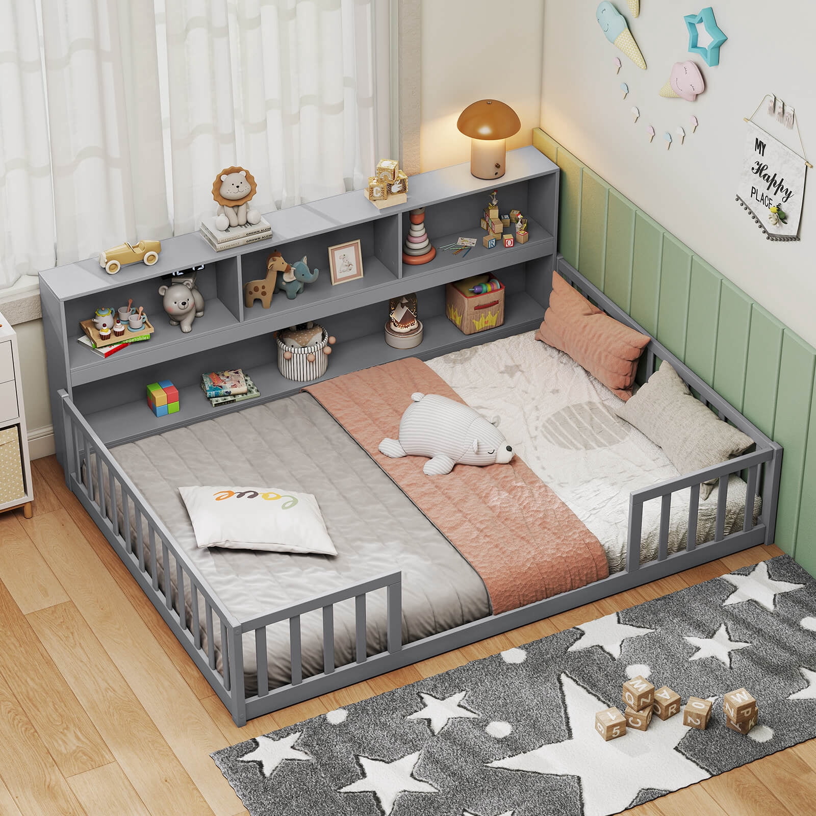 Costway Full Size Montessori Floor Bed with Bookcase Storage Shelves & Safety Fence Rails Gray
