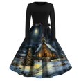 thumbnail image 2 of Christmas Dresses for Women Women's Christmas Printed Round Neck Big Hem Skirt Pleated Skirt Long Sleeved Dress with Christmas Tree and Snow House Print for Holiday Party,Dark Blue,S, 2 of 4